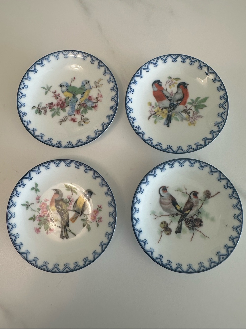 Vintage Porcelain Bird Motif Side Plates - Blue Trim (Set of 4)
